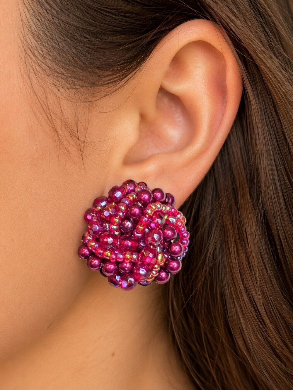 Clip On Earrings Large Iridescent Magenta Beaded Round Clusters Vintage Jewelry